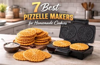 Pizzelle maker on kitchen counter with freshly baked pizzelle cookies