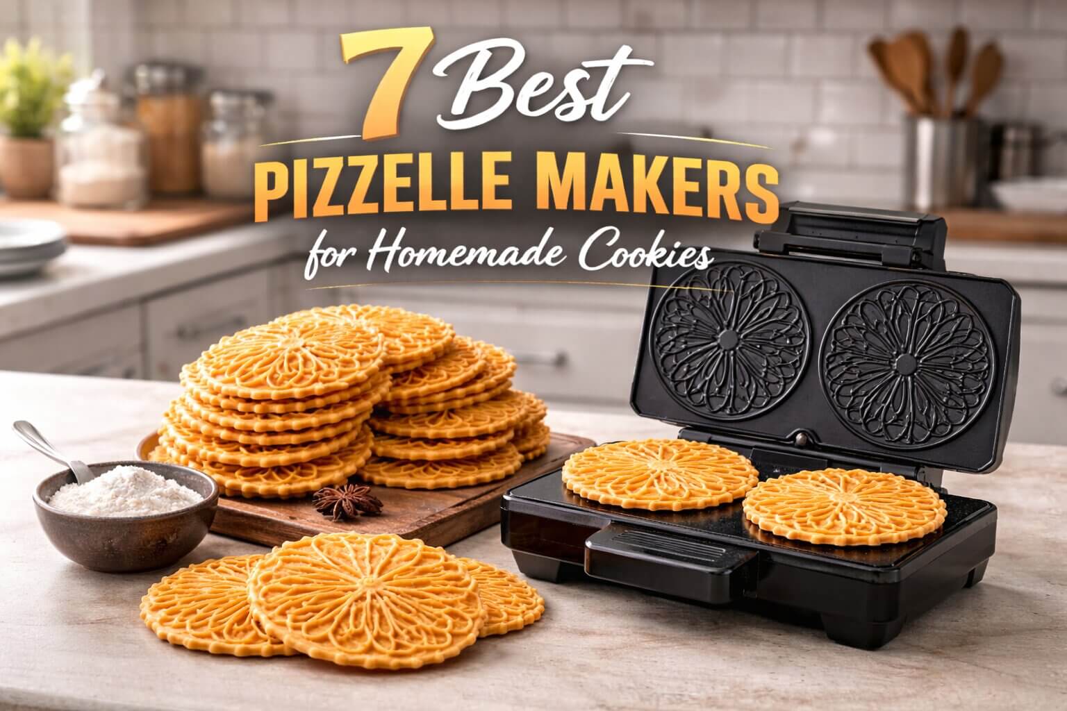 Pizzelle maker on kitchen counter with freshly baked pizzelle cookies